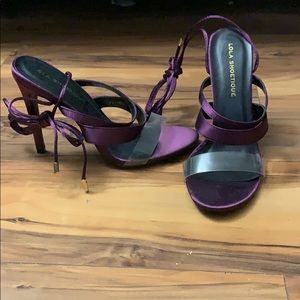 Purple open heel ribbon tie heels